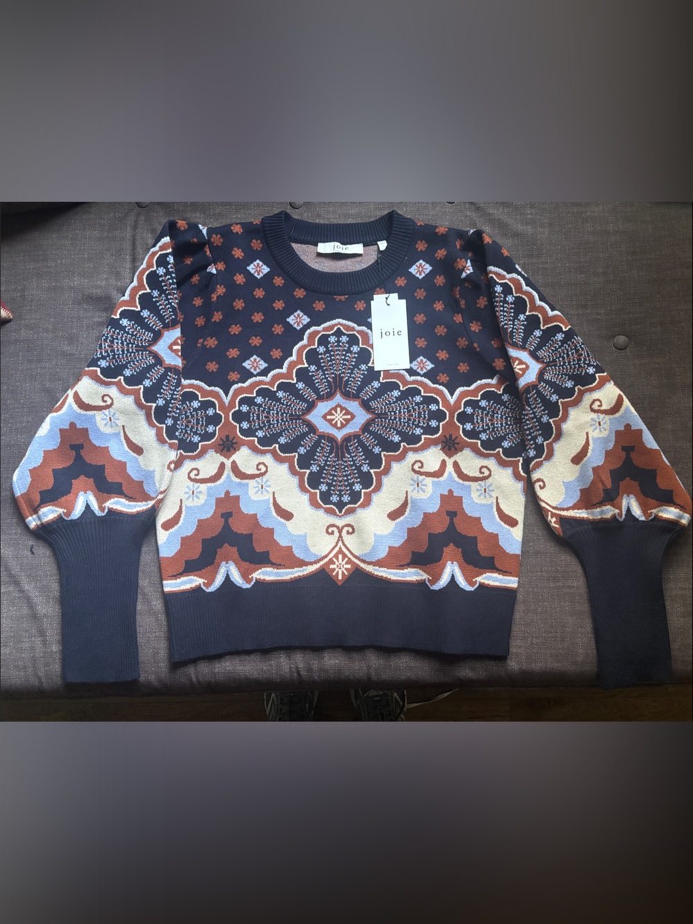 NWT Joie Navy Geometric Crewneck Sweater with Rust and Light Blue Accents